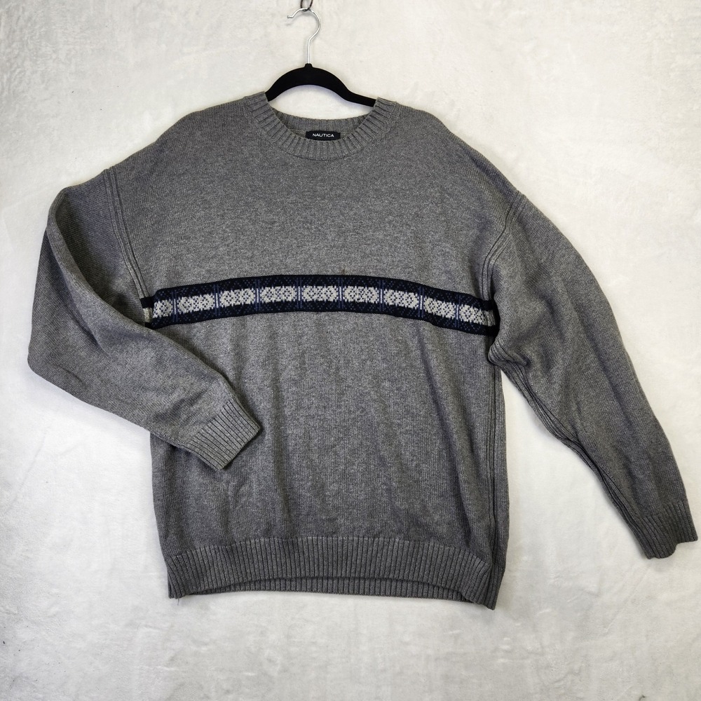 Nautica Men XL Gray Cotton Wool Blend Fair Isle Stripe Crewneck Sweater Pullover